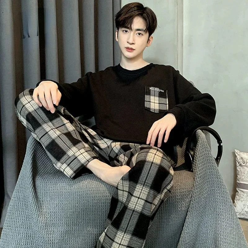 Sleepwear Men Long Sleeve Long Pants Cotton Pajama Sets Spring Autumn Nightwear Loungewear Set Korean Boys Pajamas Casual Loose