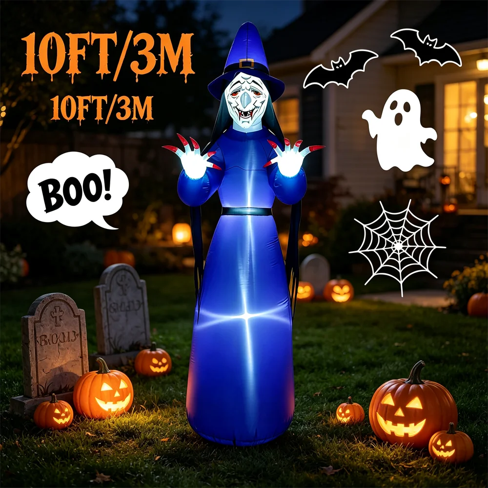 10FT/3M Magic Witch Halloween Inflatable Model LED Thrilling Decorative Ornament Outdoor Holiday Courtyard Lawn Halloween Party