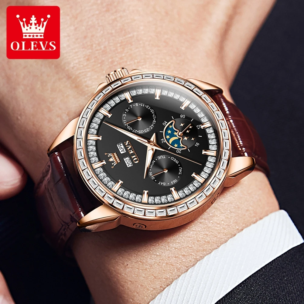 OLEVS Automatic Watch Luxury Business Leather Self Winding Mechanical Watches for Men Waterproof Wristwatches Relógio Masculino