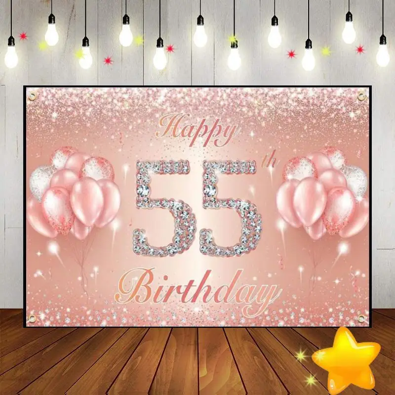 

Happy 55/60th Birthday Photocall Background Rose Decoration Succulent Photo Pink Eucalyptus Leaves Custom Backdrop Lantern Queen