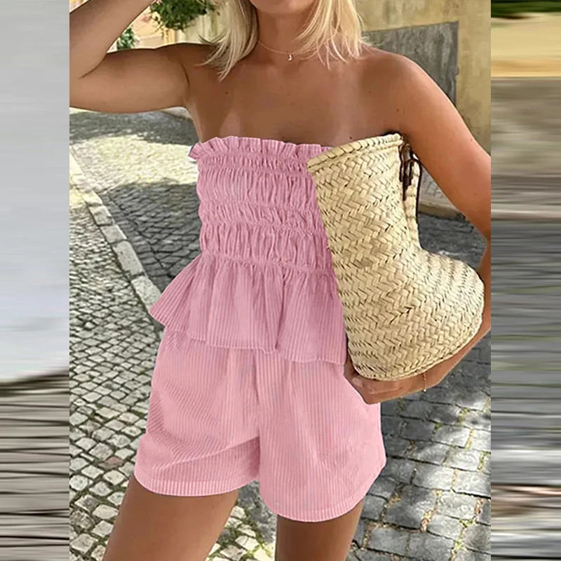 

Elegant Off Shoulder Top and Shorts Suit Women Fashion Striped Print Loose Party 2Pc Set Casual Sleeveless Hollow Summer Outfits