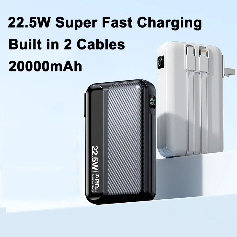 

20000mAh Power Bank Built in Cable Plug Wall Charger Powerbank 22.5W Fast Charging for iPhone 15 Huawei Xiaomi Samsung Poverbank