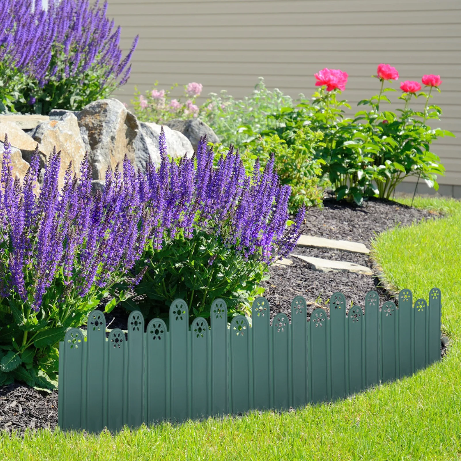 

5pcs Garden Fence Outdoor Border Edging Durable Plastic Lawn Decorative Landscaping Flexible Edge Border Stone Style Weather