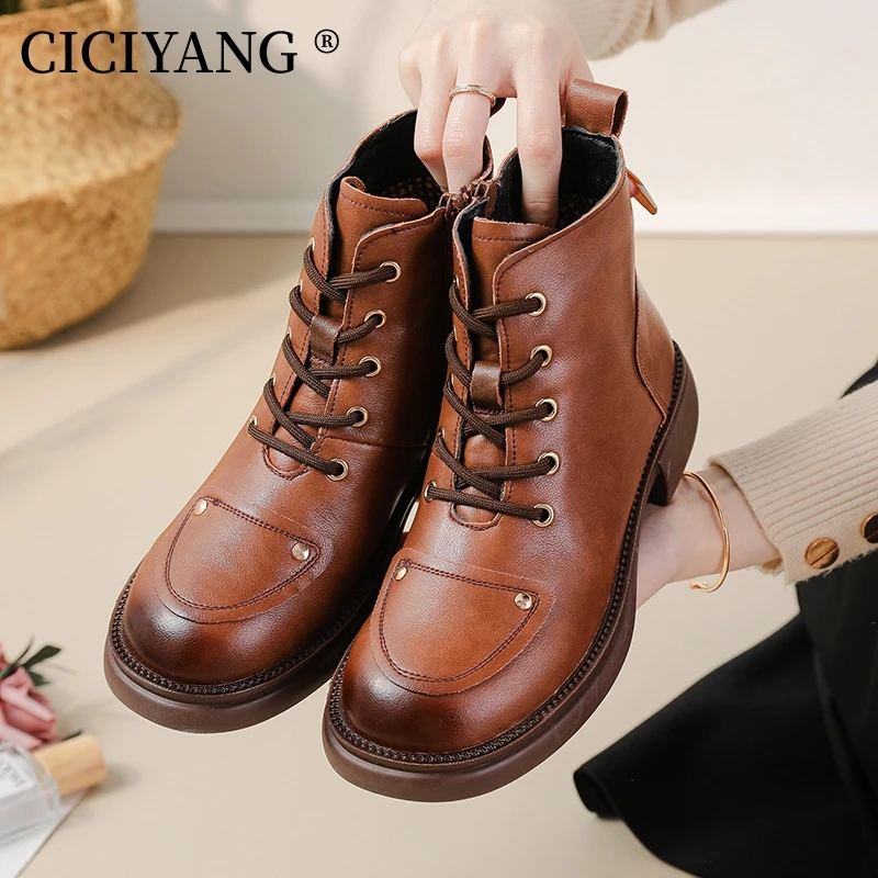 

CICIYANG Women Winter Boots Cowhide Ankle Boots 2024 Autumn Retro Casual Genuine Leather Mother Boots Fur Keep Warm Low Heel 41