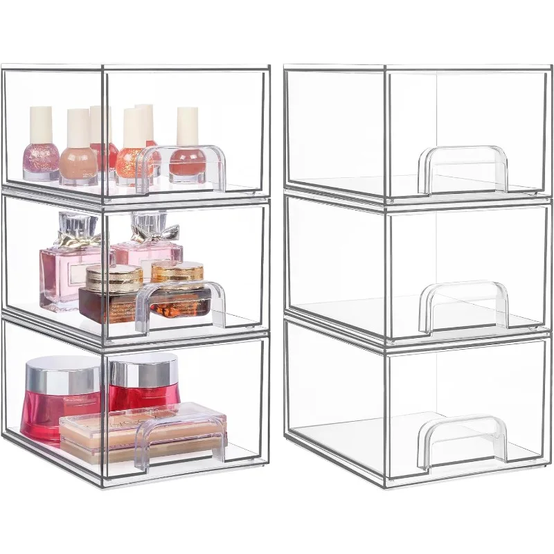 

6 Pack Stackable Storage Drawers, 4.4'' Tall Acrylic Bathroom Makeup Organizers,Clear Plastic Storage Bins For Vanity, Unders