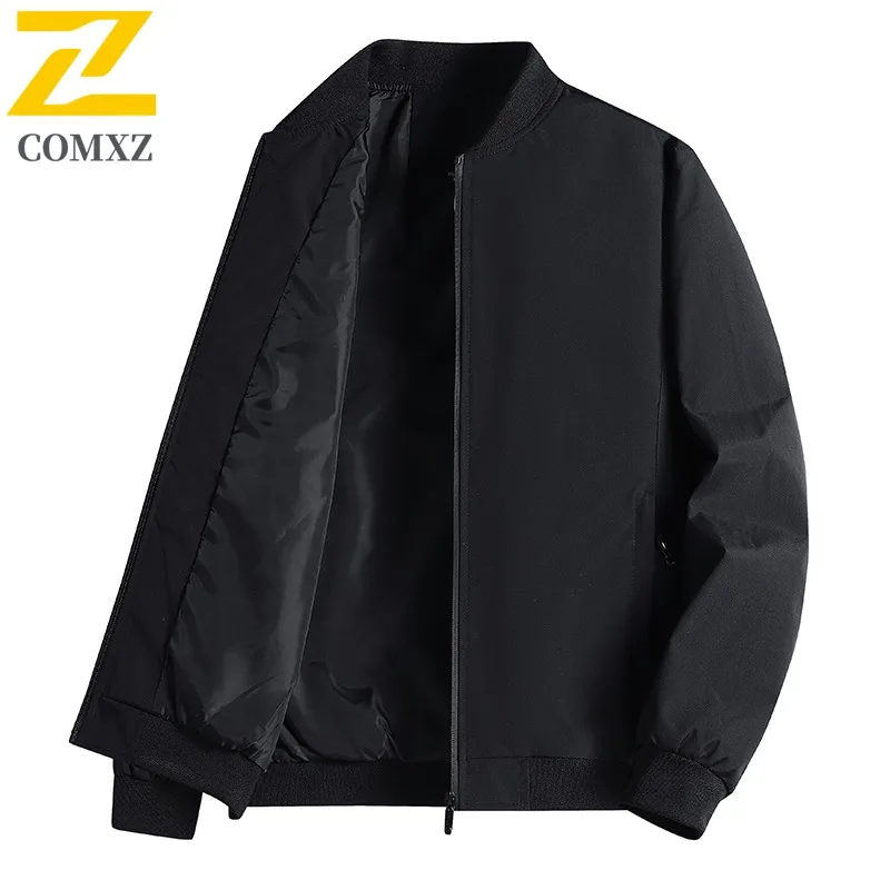 Comxz jaqueta masculina de luxo, casaco com zíper à prova de vento para escritório, gola casual, design de cor sólida, jaquetas leves de outono