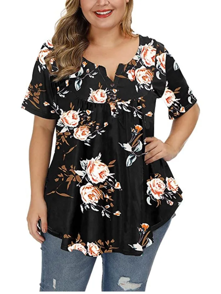 

New Tee Shirts For Women Short Sleeves V-neck Button Floral Print Daily Casual Loose Vintage Female's Pullover Top Spring Summer