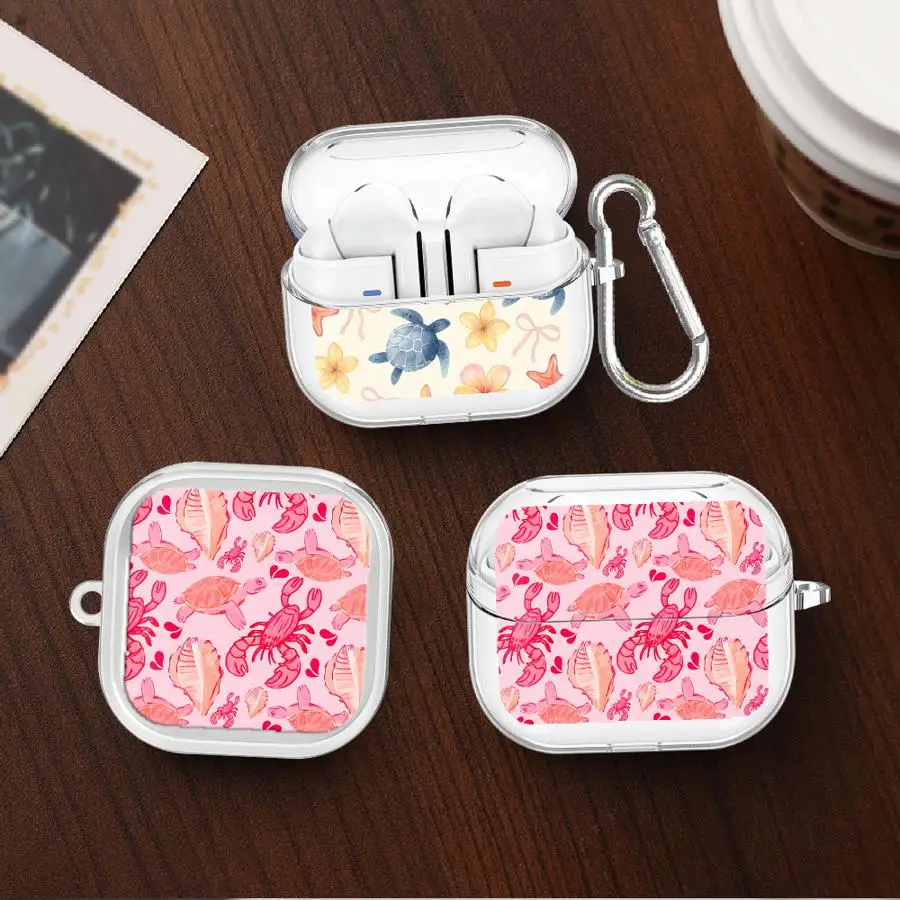 Cartoon Printed Turtle Case For Redmi Galaxy Buds 8Active 8 Lite 6Active 5 7 6 Pro Clear Earphone Cases Cover With Hook