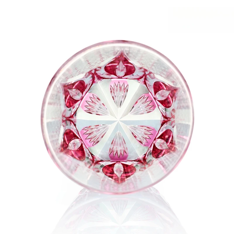 High-end Pink Crystal Edo Kiriko Whiskey Cup Hand Engrave Flame Liquor Wine Drinking Glass Brandy Snifter Top Present Wineglass