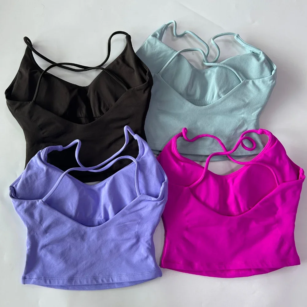 NO LOGO Seamless Top Backless Padded Gym Top Women Cross Back Straps Built-in Bra Removable Cups Activewear Yoga Shirt Tank Tops