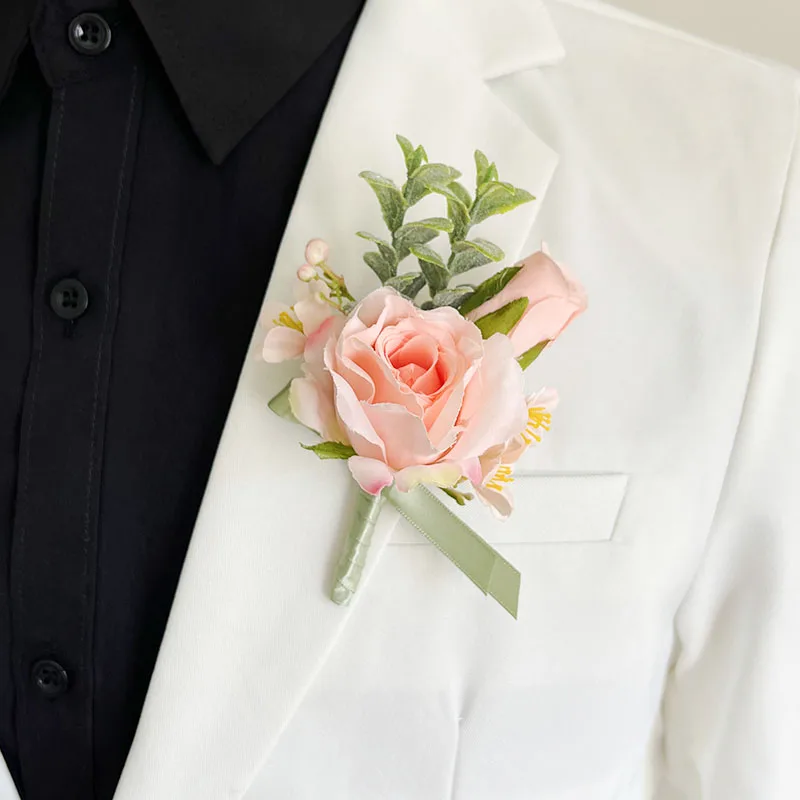 Boutonniere Groom Accessories For Wedding Buttonhole Artificial Flowers Silk Roses Bracelet Bridesmaids Marriage Corsage Pins