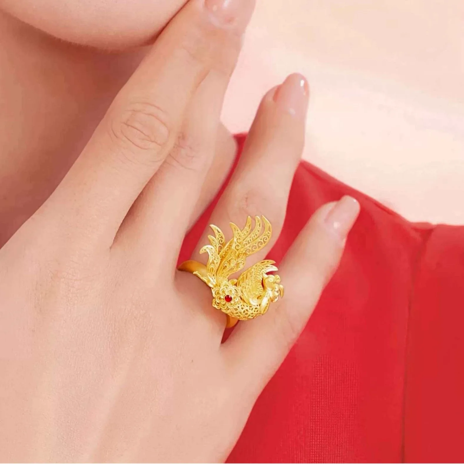 women phoenix auspicious adjustable gold ring with 24K pure gold AU999 perfectly matches weddings and grand dinner parties.