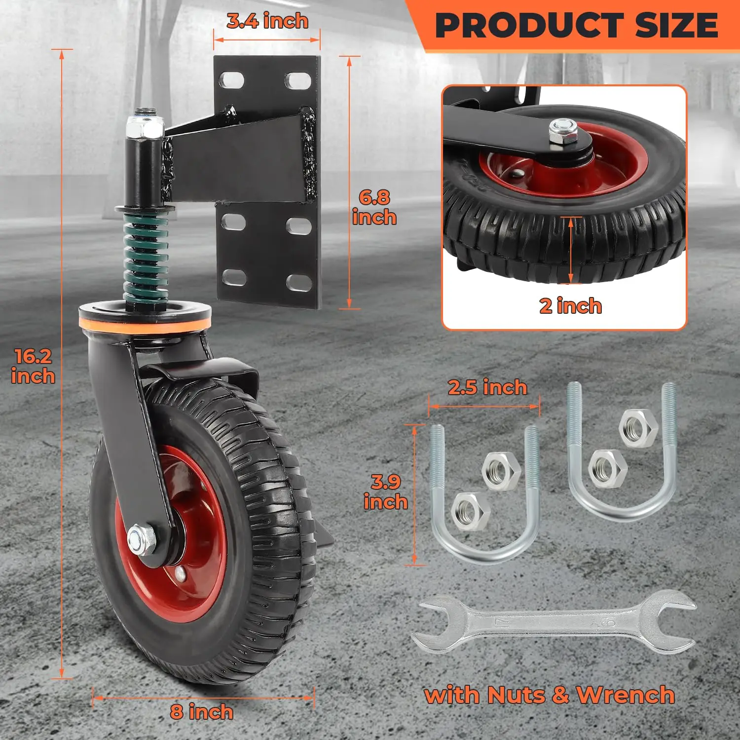 2 Pack 8inch Gate Wheel with Brake Moves Smoothly Fence Gate Wheel, 600Lb Capacity 360 Degree Rotation Gate Wheels