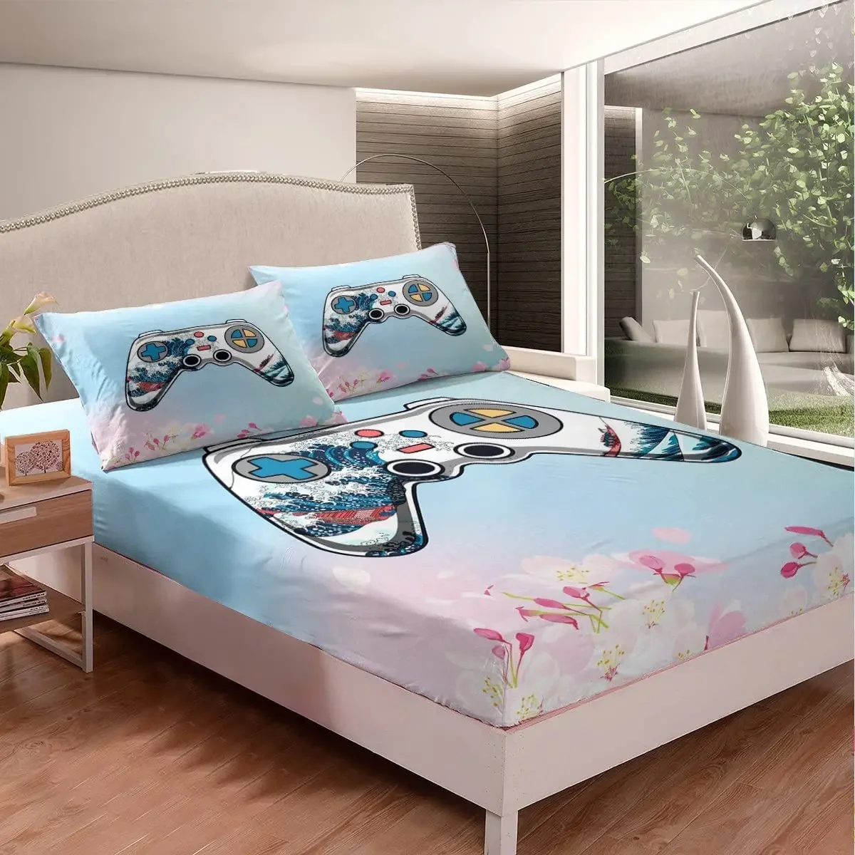 Gamepad Controller Fitted Sheet Full Size Japanese Style Bed Sheet for Kids Boys Girl Teens,Ukiyo Style Wave Printed for Bedroom