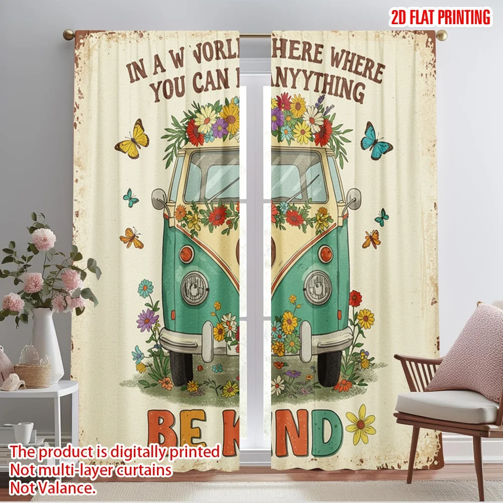 

2pcs 2D flat printing Party Window Curtains Hippie Bus Flower Peace Polyester Without Electricity Birthday Party for Home Decor