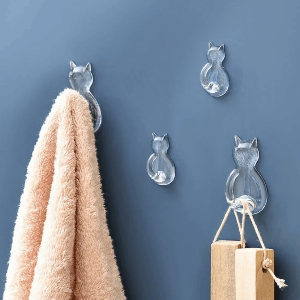 5Pcs Creative Wall Mounted Cat Tail Sticky Hooks No-Drilling Transparent Towels Rack Waterproof Self Adhesive Hooks Space Saving