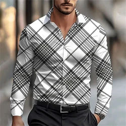 2024 New Elegant Men's Long-sleeved Shirt Men's Plaid Printed Slim Lapel Shirt Autumn Office Single-breasted Large Size Tops