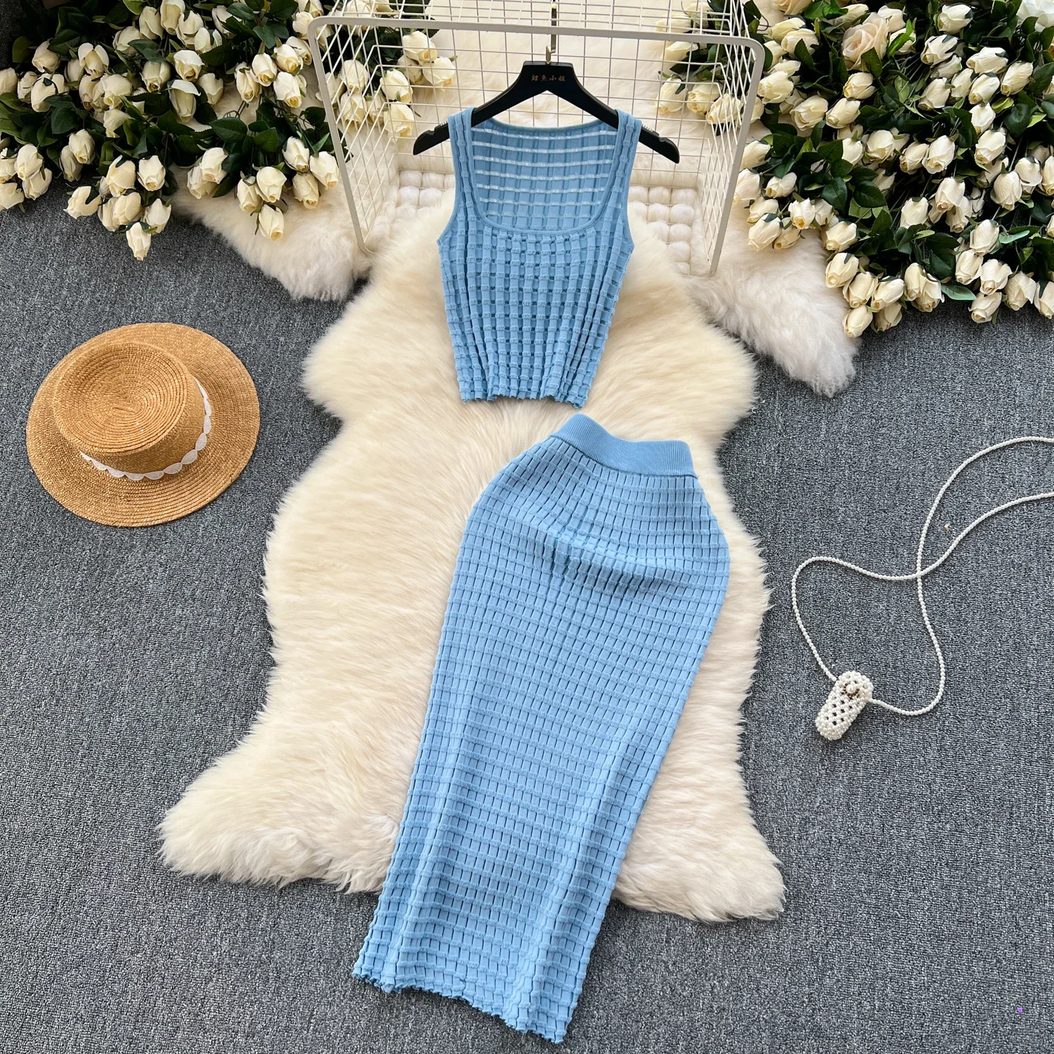 Summer Women Fashion Skirt Set Sexy Sleeveless Tank Tops High Waist Slim Long Saya Female Two Piece Suits Knit Solid Clothes