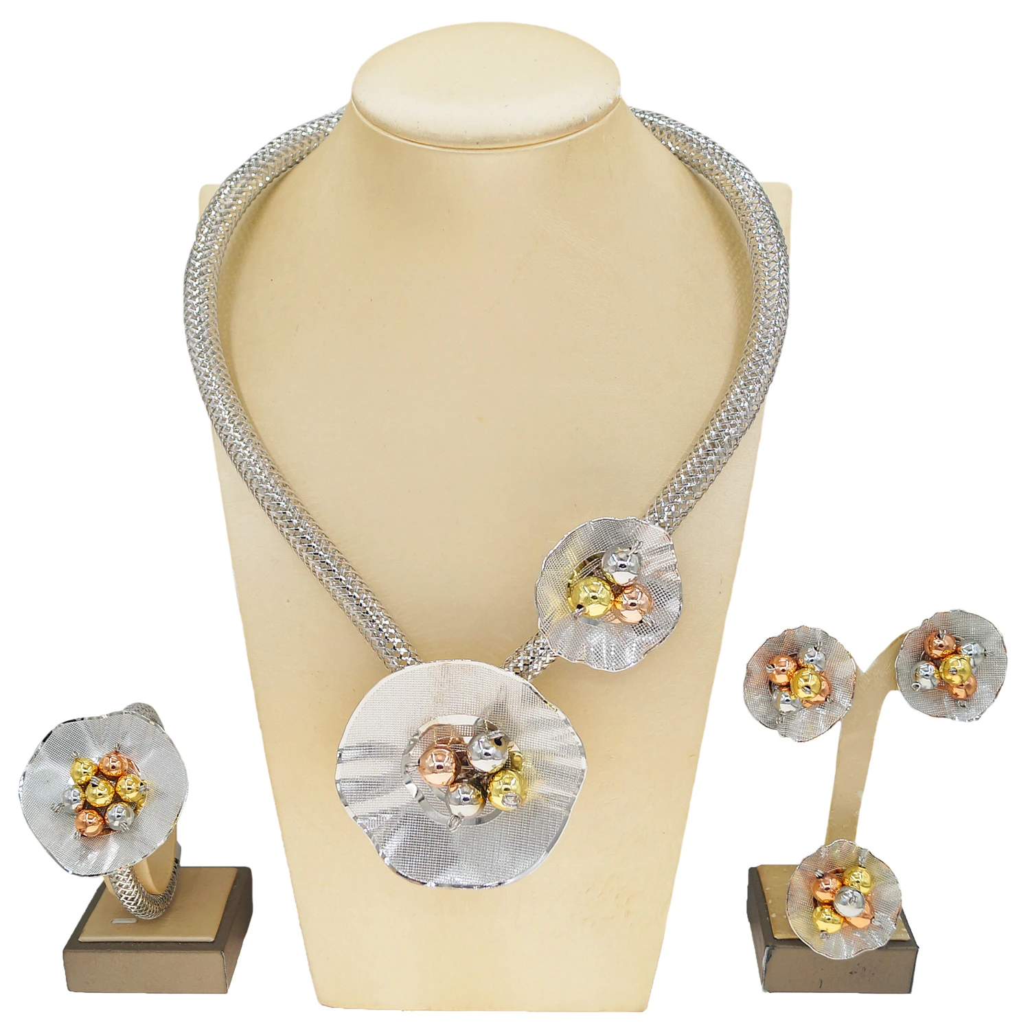 

Engagement Jewelry Set Necklace Ring Bracelet Earring Wedding Bridal For Women Party African Dubai Gift Silver Color