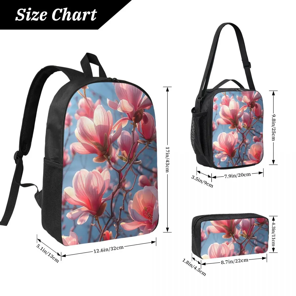 Blooming Pink Magnolias Backpack Boys Girls BookBag School Bag Laptop Shoulder Bags 3ps Insulated Lunch Bag Pencil Case