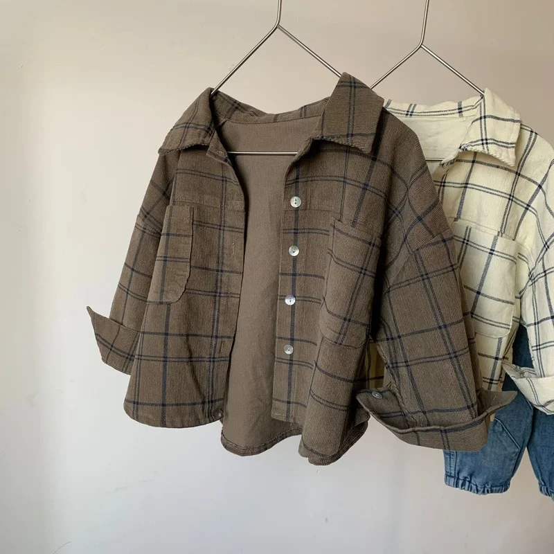 Primavera autunno ragazzi e ragazze camicie a maniche lunghe in velluto a coste scozzese 1-6 anni bambini camicia casual vintage Top