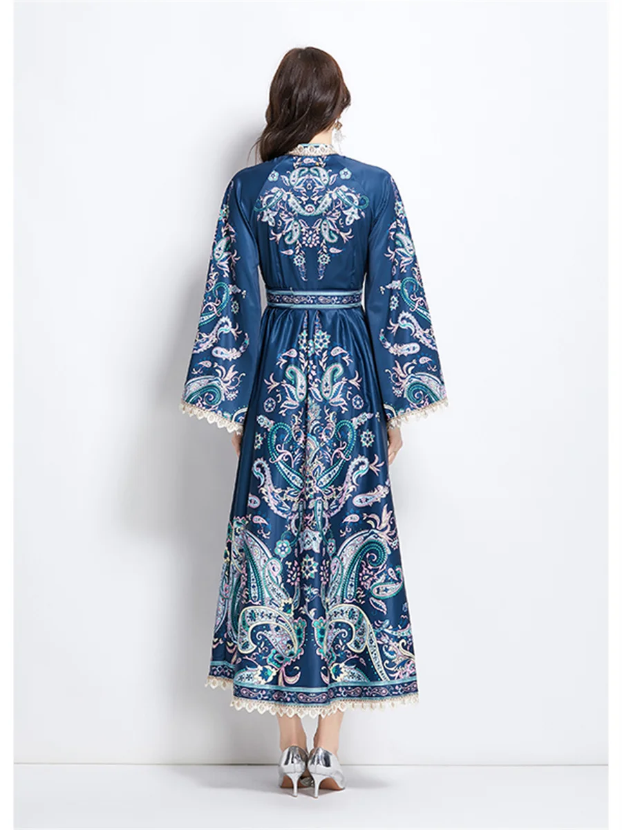 여름 휴가 화려한 꽃 긴 맥시 드레스 여성 스탠드 칼라 플레어 슬리브 벨트 캐주얼 a 라인 롱 드레스