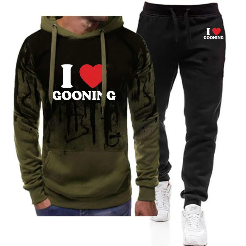 

2025 Spring And Autumn Men's I Love Gooning Logo Print Shaped Durable Gradient Color Anti Collision Shirt Hoodies Pants Suits