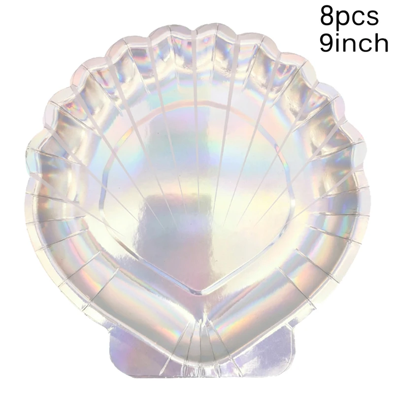 8Pcs Laser Shell Paper Plates Cups Disposable Tableware Girl Happy Birthday Party Baby Shower Ocean Mermaid Theme Party Supplies