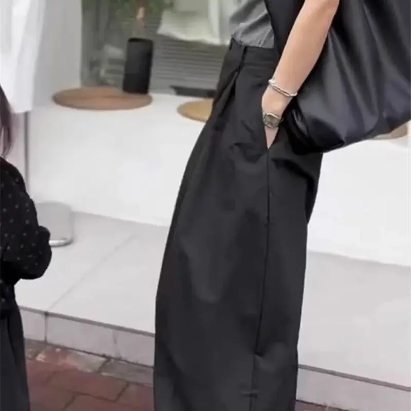 الصيف الكورية موضة مطوي جيب الشارع الشهير بنطلون 234A أسود بنطال ذو قصة أرجل واسعة النساء عالية الخصر عادية فضفاض بالازو السراويل