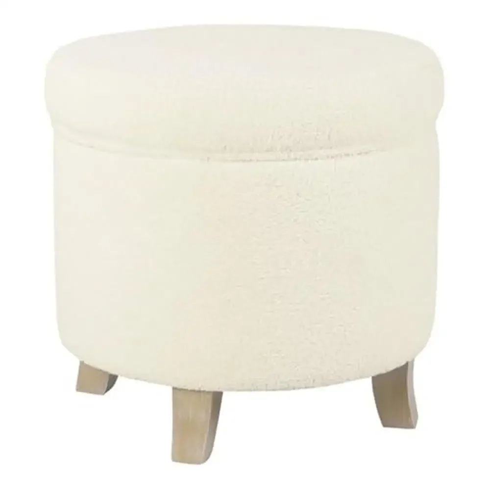 Round Transitional Faux Sheepskin Fabric Storage Ottoman Upholstered Foot Rest Large Capacity Light Cream Ottoman with Flared