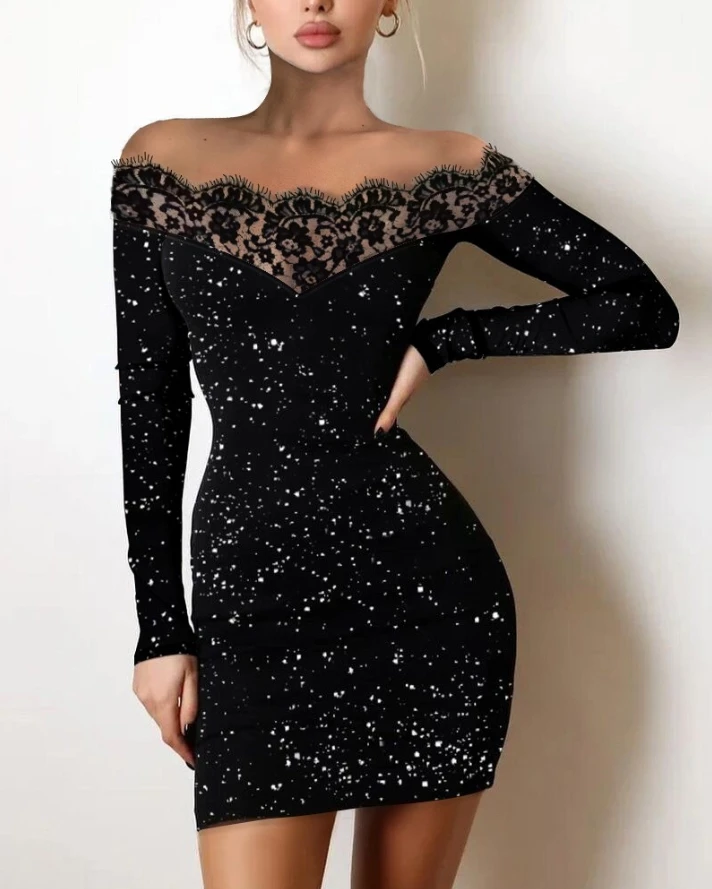 Summer Fashion New Off The Shoulder Contrast Lace Glitter Tight Dresses Scattered Silver Bag Hip Dresses Lace Women