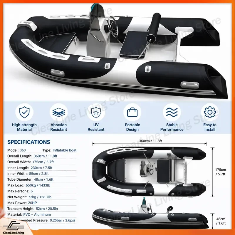 3.6M Inflatable Boat Fiberglass Hyperion Rib Speedboat Small Fishing Dinghy PVC Raft Kayak Canoe for Sale Water Sports Gear