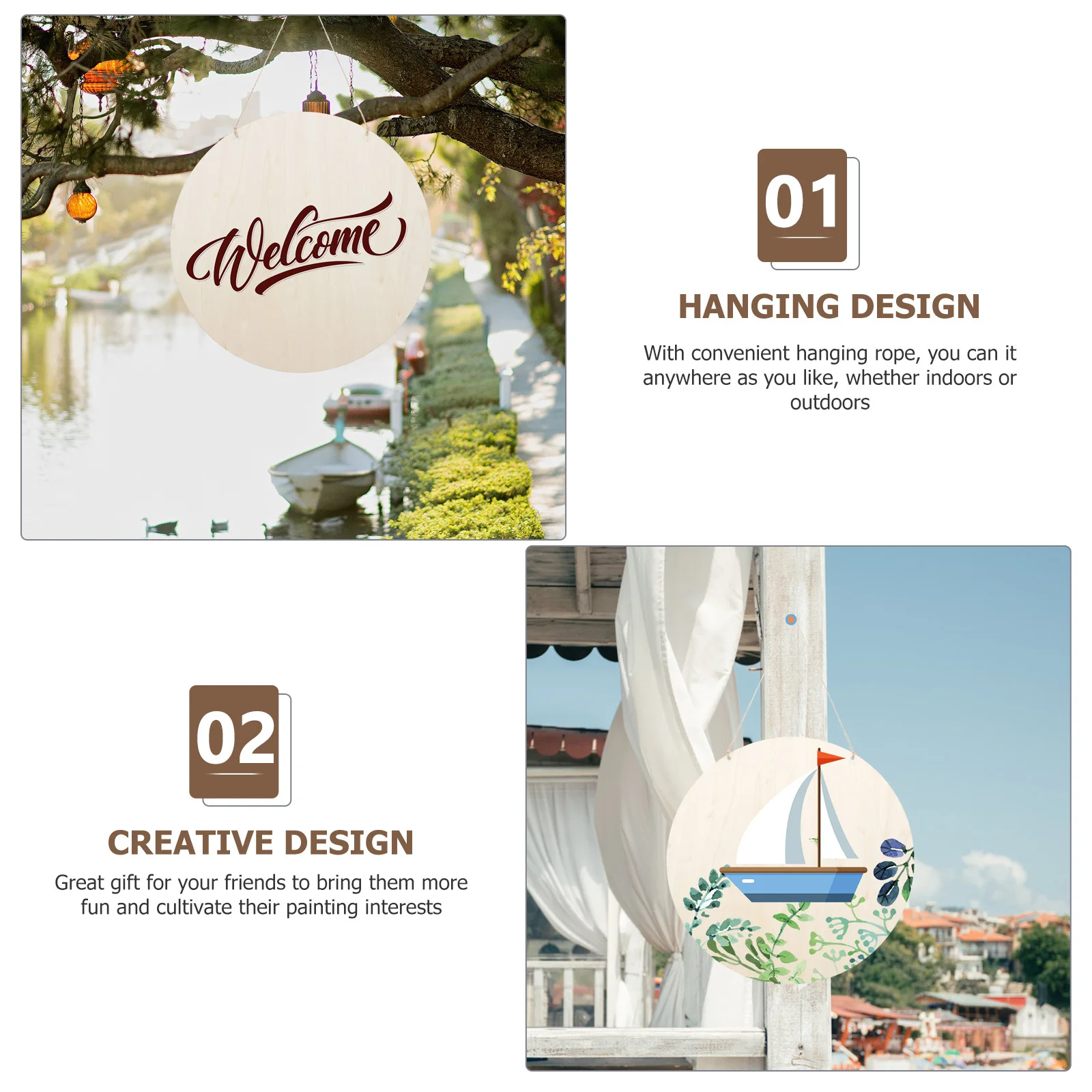 4 szt. Drewniane tabliczki na drzwi, okrągłe, puste, do samodzielnego malowania, kreatywne zawieszki, niedokończone drewniane dyski do dekoracji artystycznych