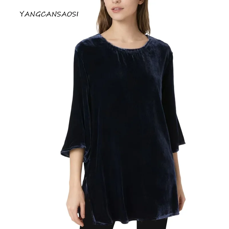 

Minimalist 30% Natural Mulberry Silk Velvet Round Neck Women's High-end Feeling Loose Three-quarter Sleeve Solid Color T-shirt