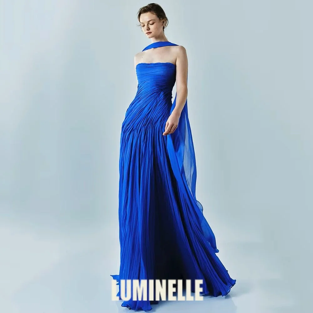 

Royal Blue Chiffon Evening Dress Elegant Strapless A Line Prom Dresses Flowing Hand-pleated Silk Prom Party Gowns Customized