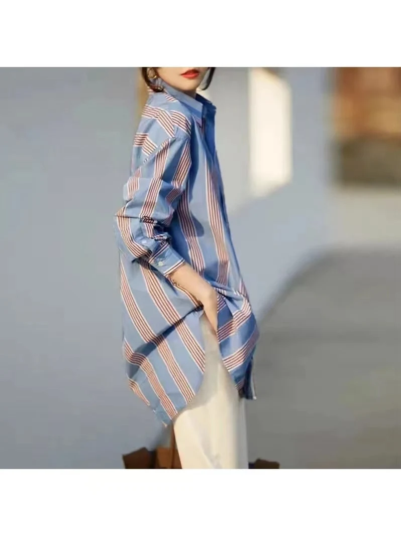 

Faionable Striped Midi irt Женская одежда с воротником-биркой Длинный све Свободный крой для поездок на работу Смесь полиэстера