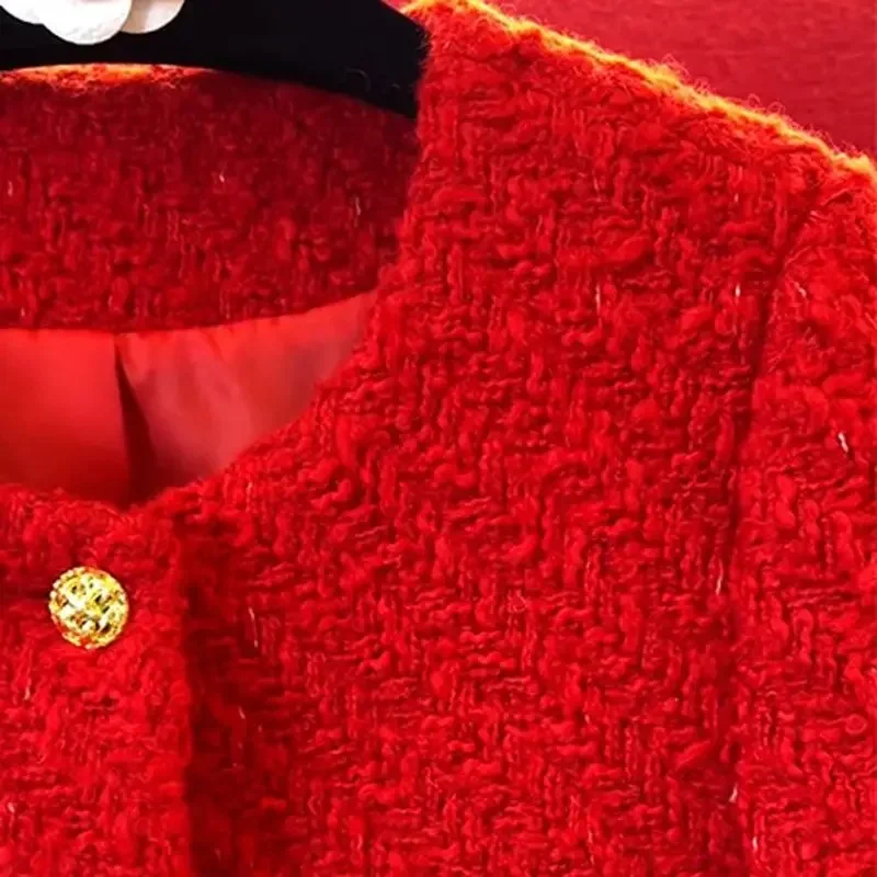 جديد جودة عالية أزياء الأحمر تويد سترة معطف المرأة الفرنسية س الرقبة طويلة الأكمام زر معدني قصير ملابس خارجية صوفية أنيقة