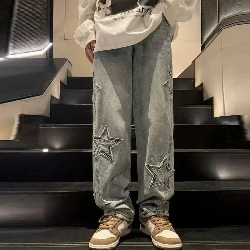 جينز مستقيم مطرز على شكل نجمة للرجال غير رسمي Y2K على الطراز القوطي للجنسين بنطال فضفاض واسع الساق مريح ملابس الشارع جينز أنيق للشباب #2