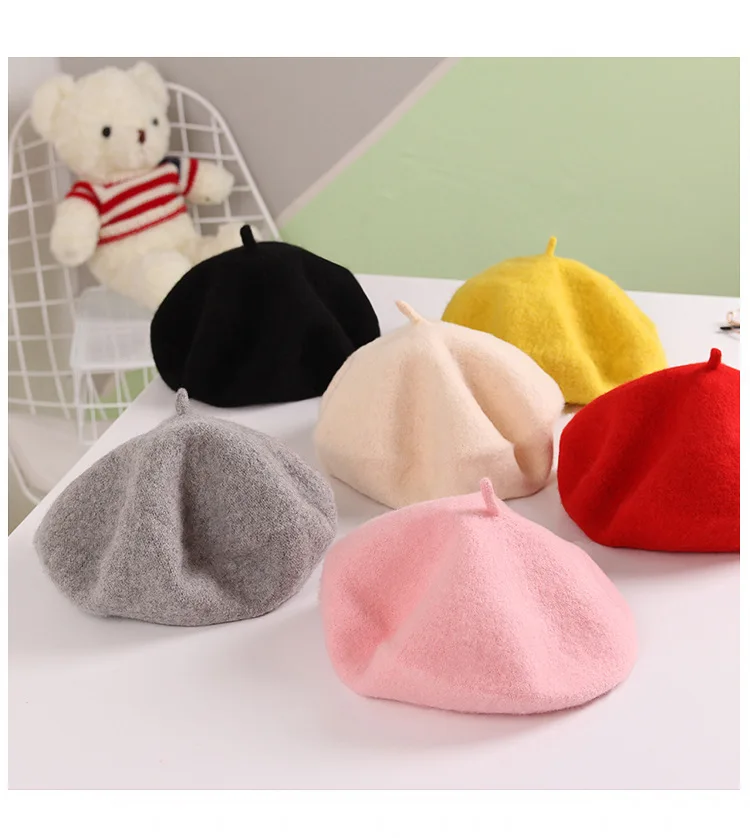 Adjust Size Wool Baby Hat for Girls Candy Color Infant Baby Beret Hat Kids Caps for Girl Children Beret Round Flattish Cap 1-8yr