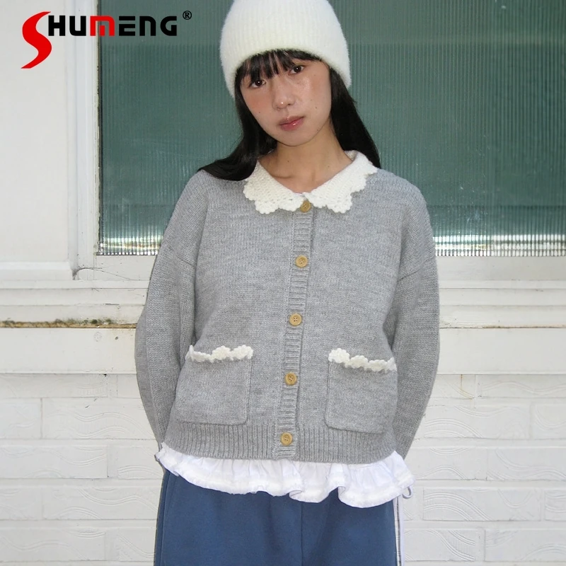 

Japanese Gray Short Knitted Cardigan Jacket Spring New Women's Sweet Lace Collar Retro Elegant Long-sleeved Knitted Tops Coat