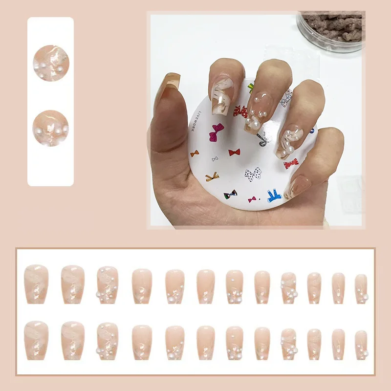 

24pcs Fake Nails Patches Glitter Nude Press on Nails Women Wearable Nail Art Stickers Full Finished False Nail