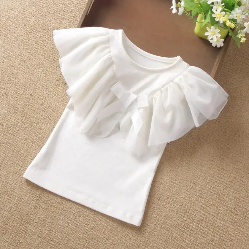 

Summer Girls T Shirt Kids Shirts White Bow Ruffles T-Shirt Girl Tops Baby Toddler Teenage Tshirt Children Clothes 6 8 10 12 Year