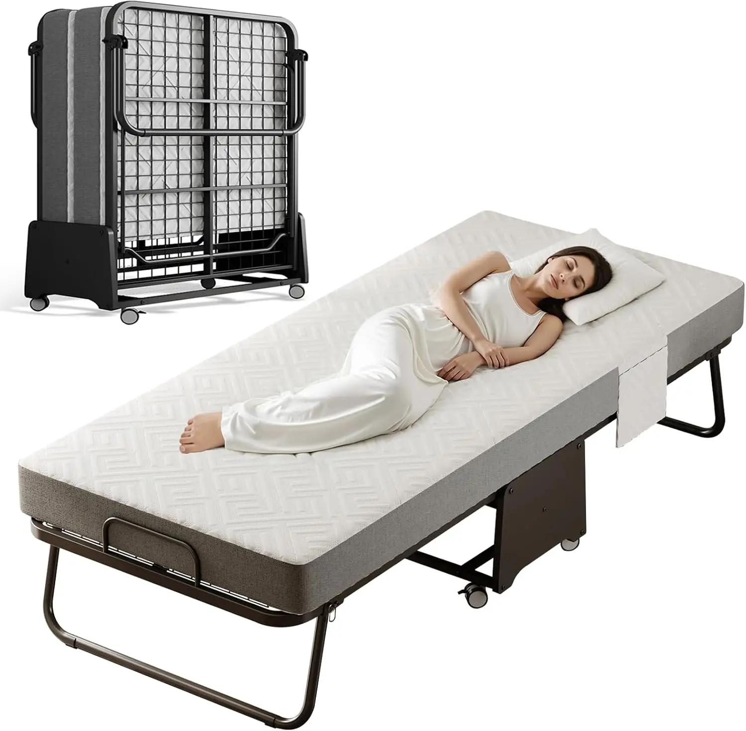 Deluxe Folding Bed with Mattress with 5-inch Memory Foam Mattress on Rollers for Easy Storage with Metal Frame and Bed Side Pock