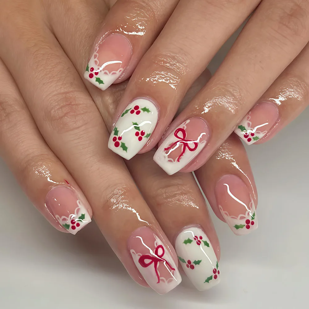 24Pcs Short Oval Shaped Fake Nails Patches French Tips Press On Nails Red Flower Printed Sweet Girls Charm Manicure Nails Art