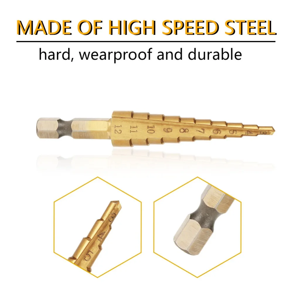 Hex Shank Step Cone Drill Bit Titanium Plating HSS 4241 Step Drill Bit Set Aluminum Case 3-12mm Size Range Metal Drilling Tool