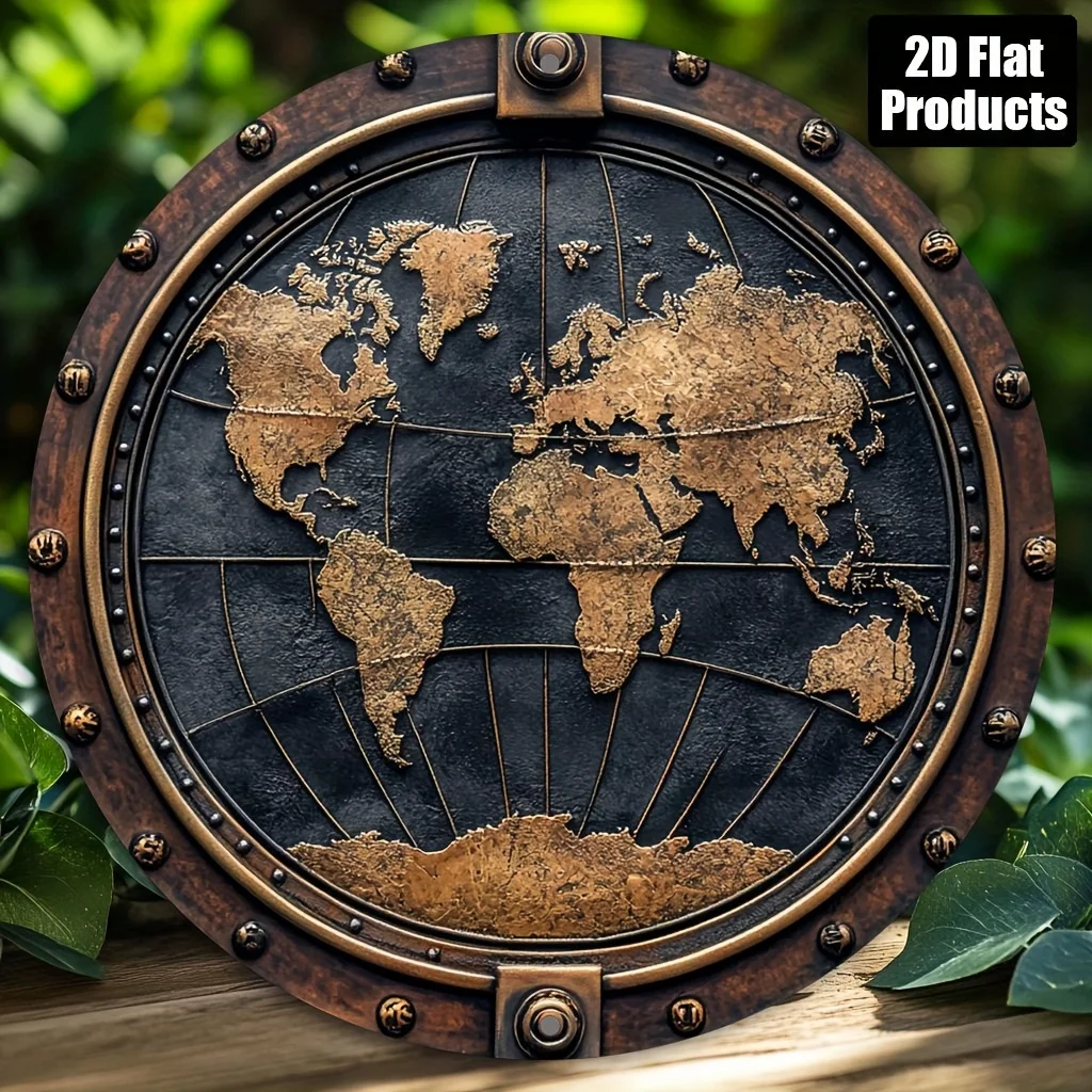 2D Flat - [2D Flat] Two-Dimensional Plane, 2D Printing, 1pc, Retro Round Wooden Ornament, World Map Theme, Suitable for Bars, Ki