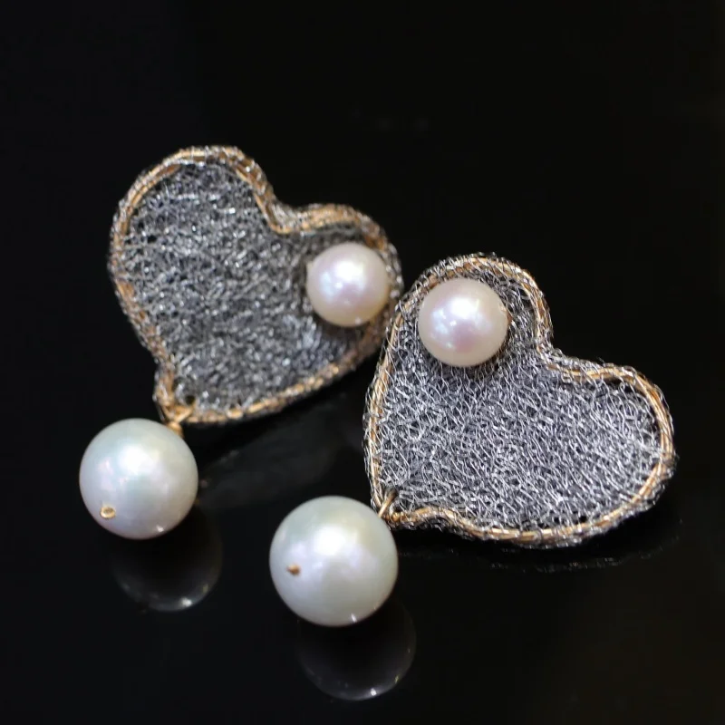 

SGARIT Lace Craftsmanship Heart shape Earrings 14k Filled Gold Natural Pearl Pendant Women Stud Earrings