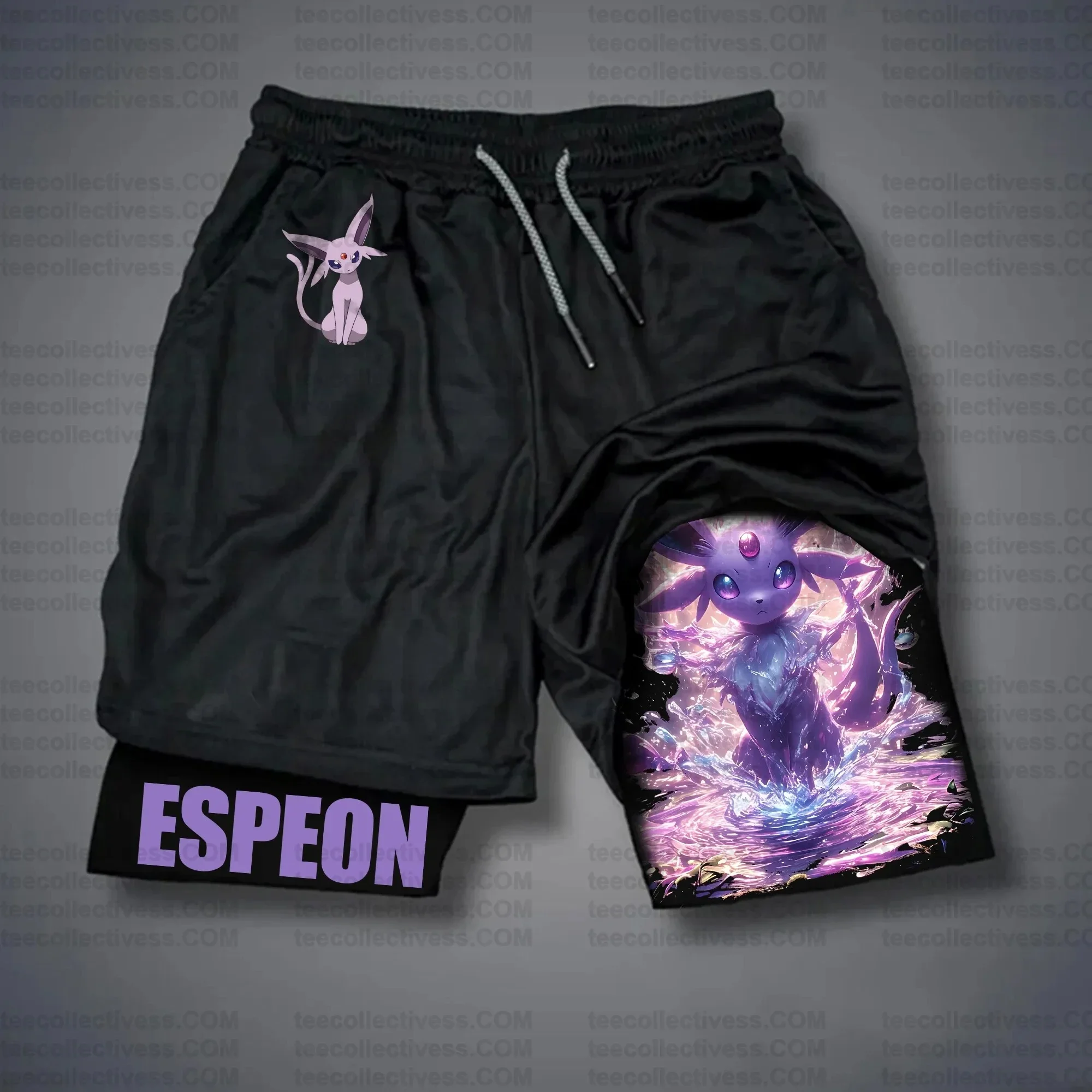 pokemon-espeon-shorts-masculino-algodao-calcas-casuais-2025-verao-anime-grafico-bottoms-base-preta-psicanica-eevee-evolucao-roxo