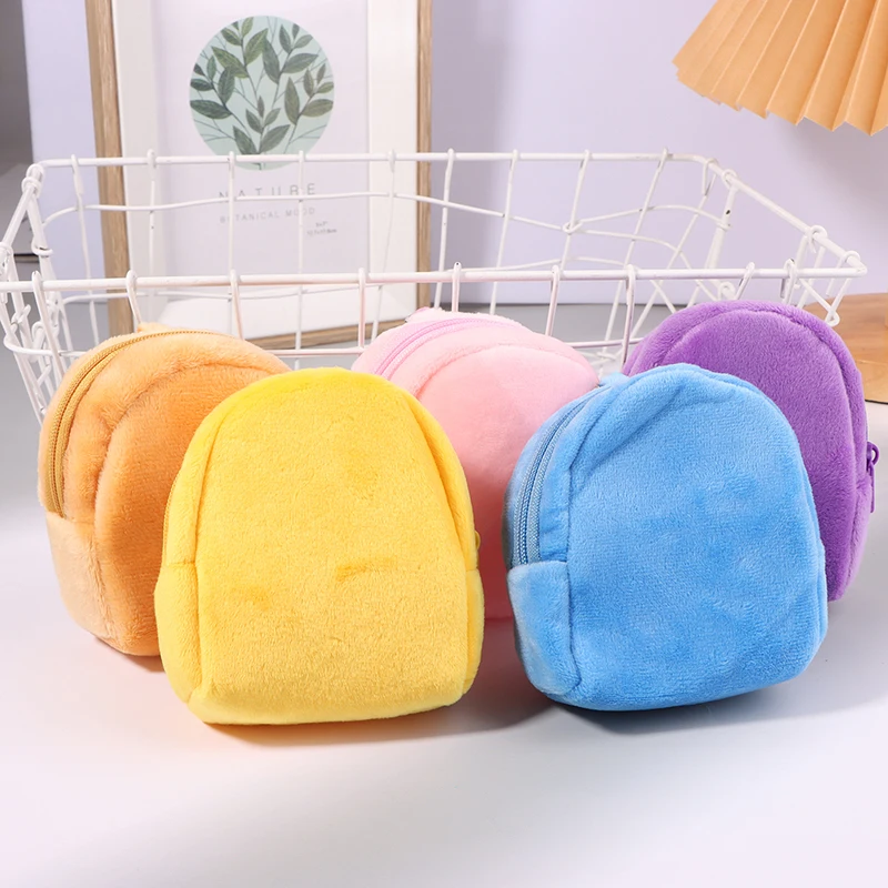 Solid Color Round Zipper Plush Coin Bags Small Money Coin Pouch Wallet Portable Keyring Keychain Earphone Storage Bags Organizer