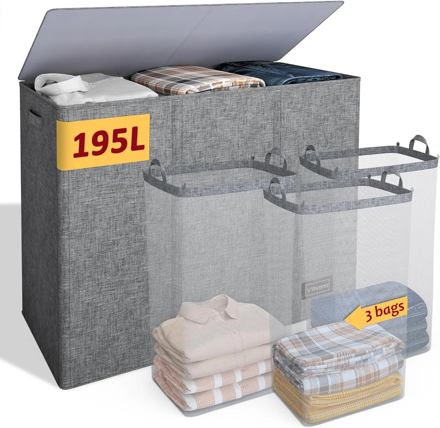 

Большая складная корзина для белья на 195 л с крышкой, 3 отделениями и съемными мешками для удобной сортировки